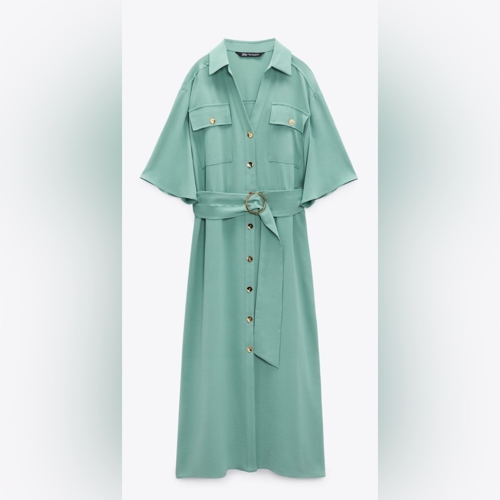 Zara Seafoam Boho Shirt Dress with Gold Buttons - Size XS